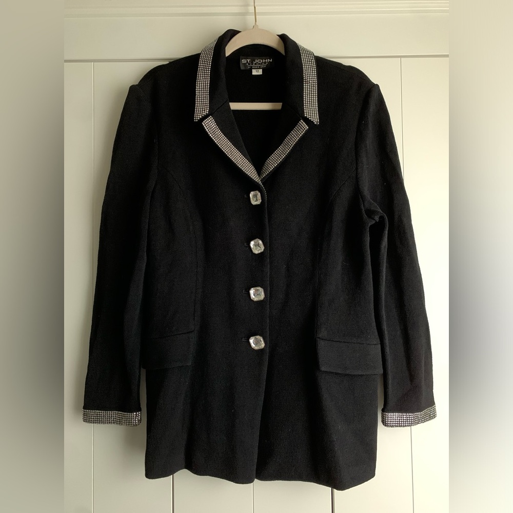 St. John Evening Santana Rhinestone‎ Crystal Button Black Jacket 12 $1250